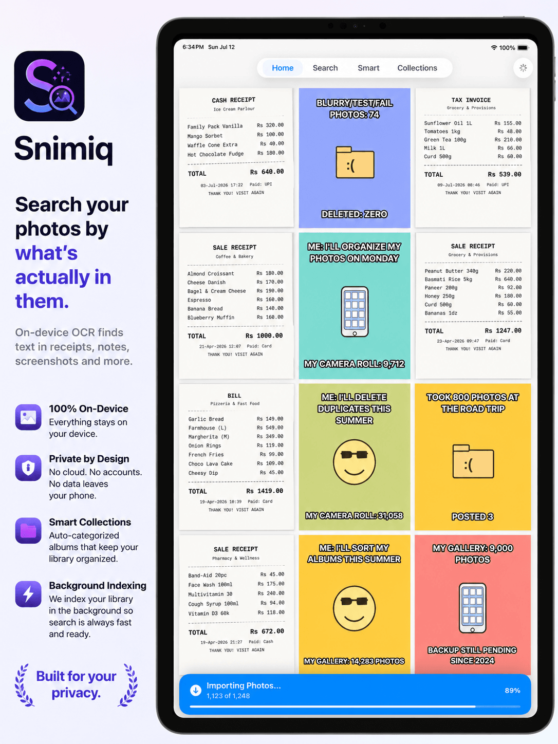 Snimiq on iPad — search your photos by what's actually in them, with on-device OCR finding text in receipts, notes, and screenshots