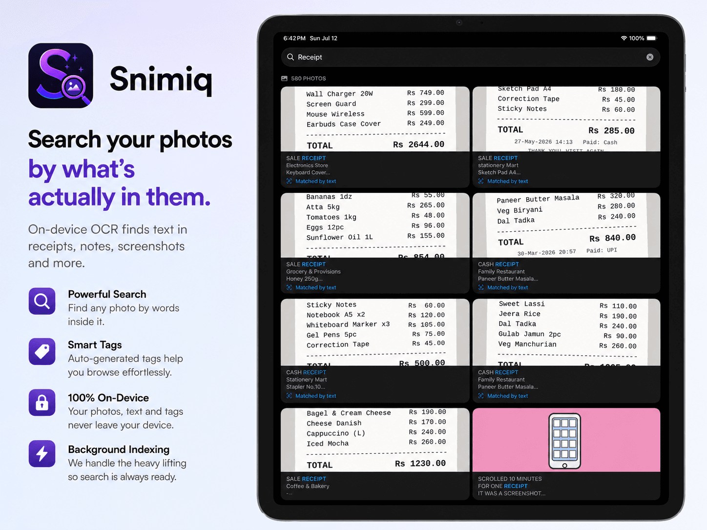 Snimiq — search your photos by what's actually in them, with on-device OCR, Smart Tags, 100% on-device processing, and background indexing