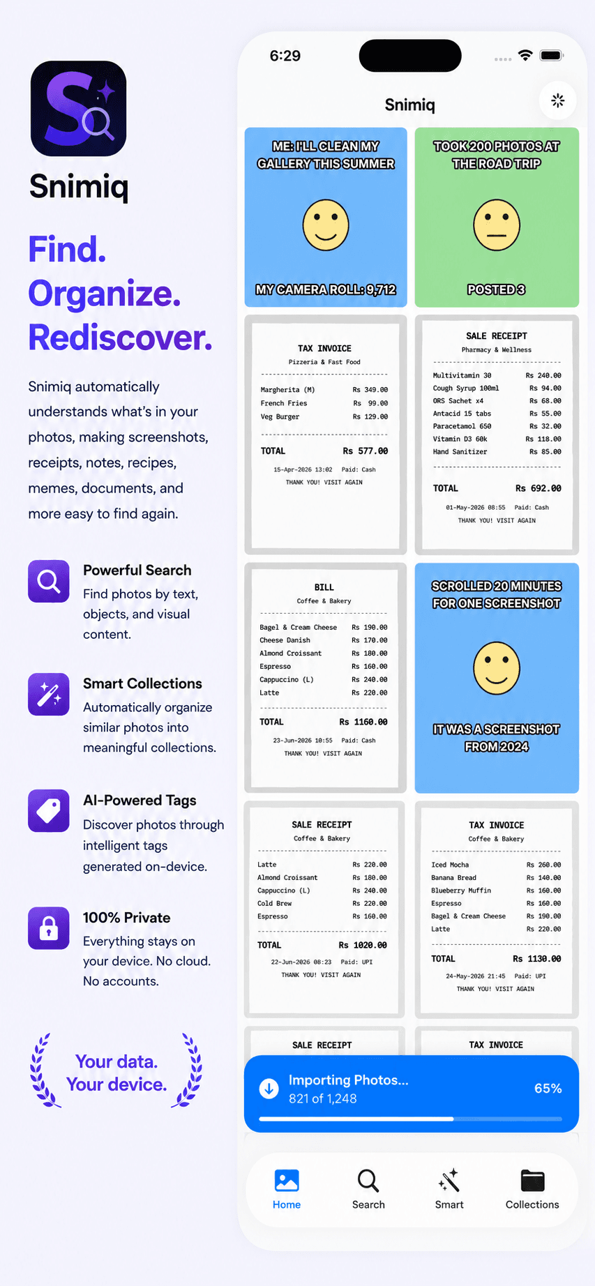 Snimiq home screen showing photo import in progress and organized receipt photos