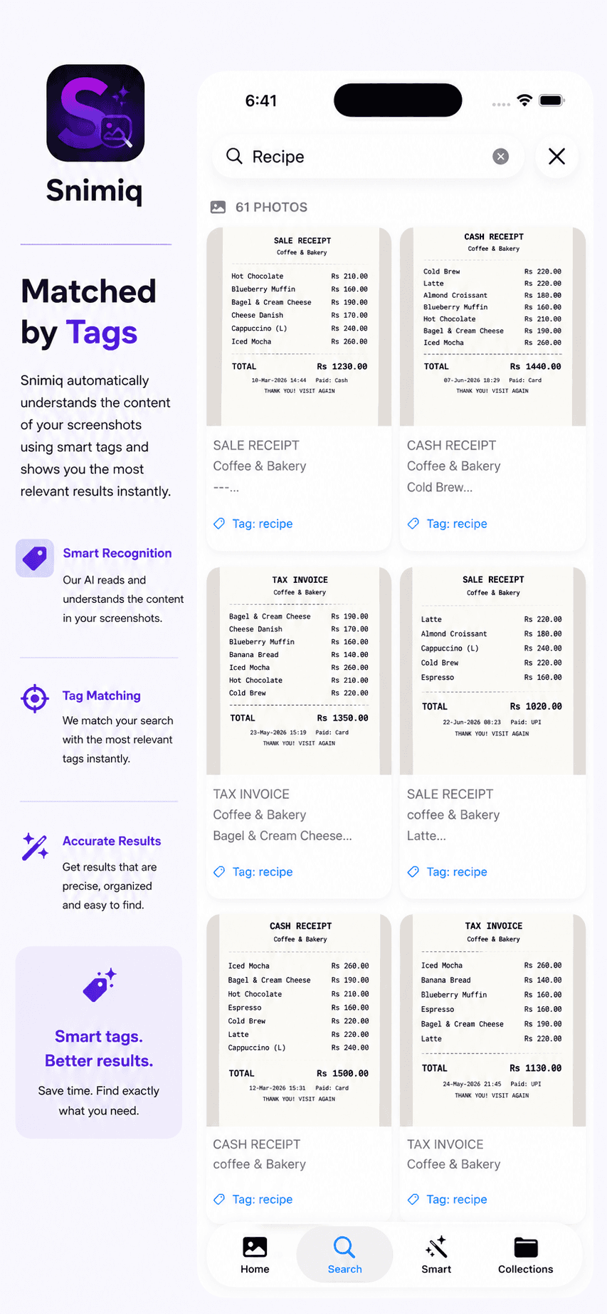 Snimiq's Receipt smart collection showing photos automatically grouped by on-device tagging