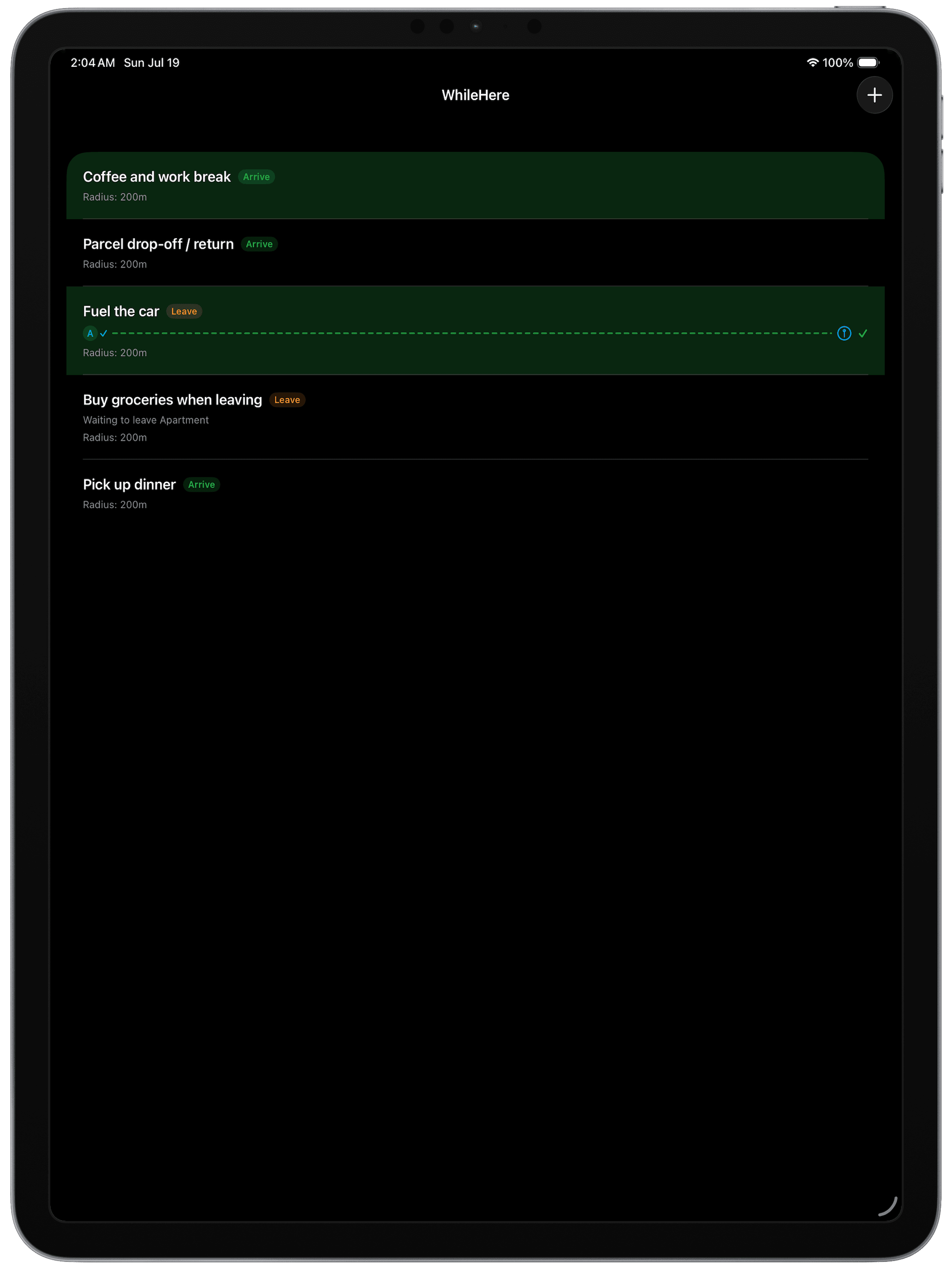 WhileHere on iPad showing the "Fuel the car" task with its multi-location trigger indicator expanded