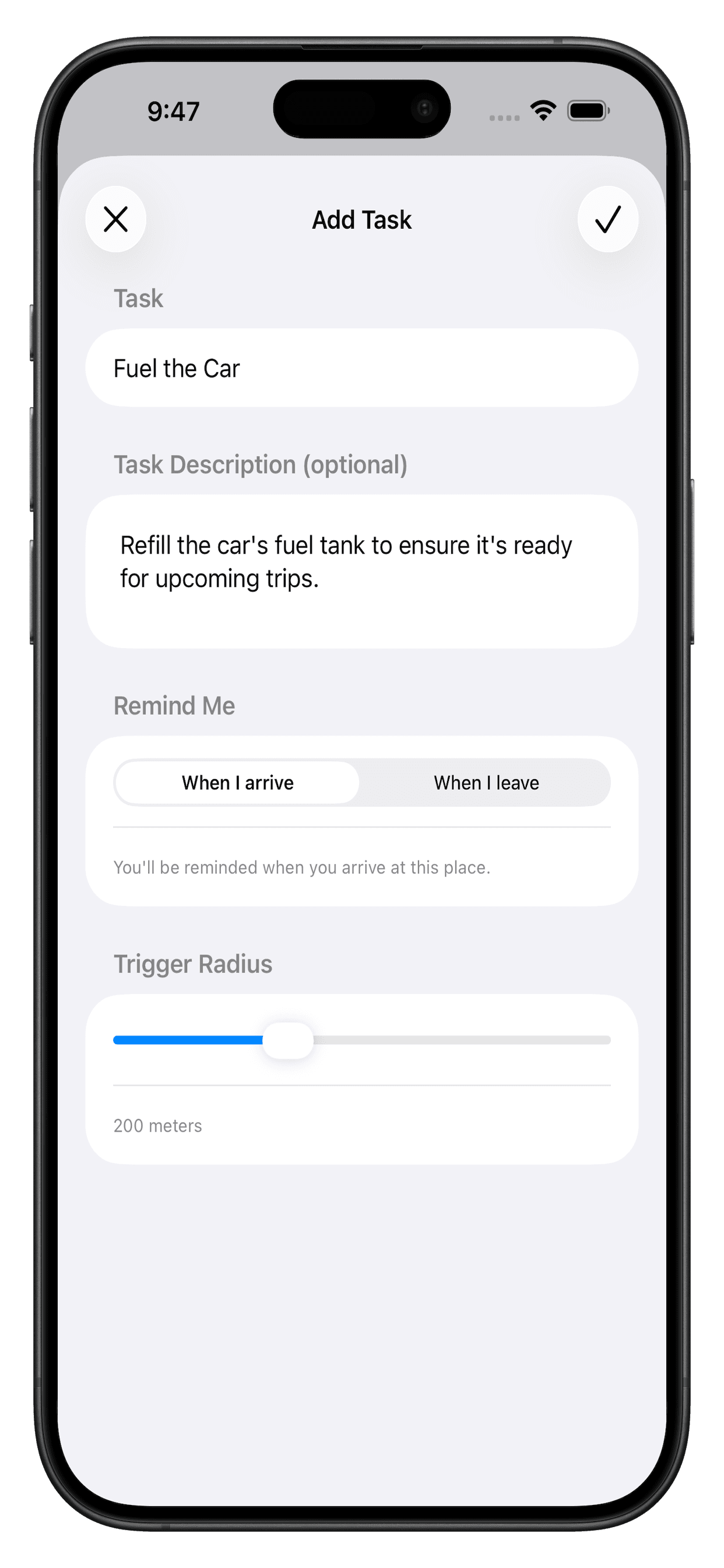 WhileHere Add Task screen with a task description and an adjustable trigger radius slider