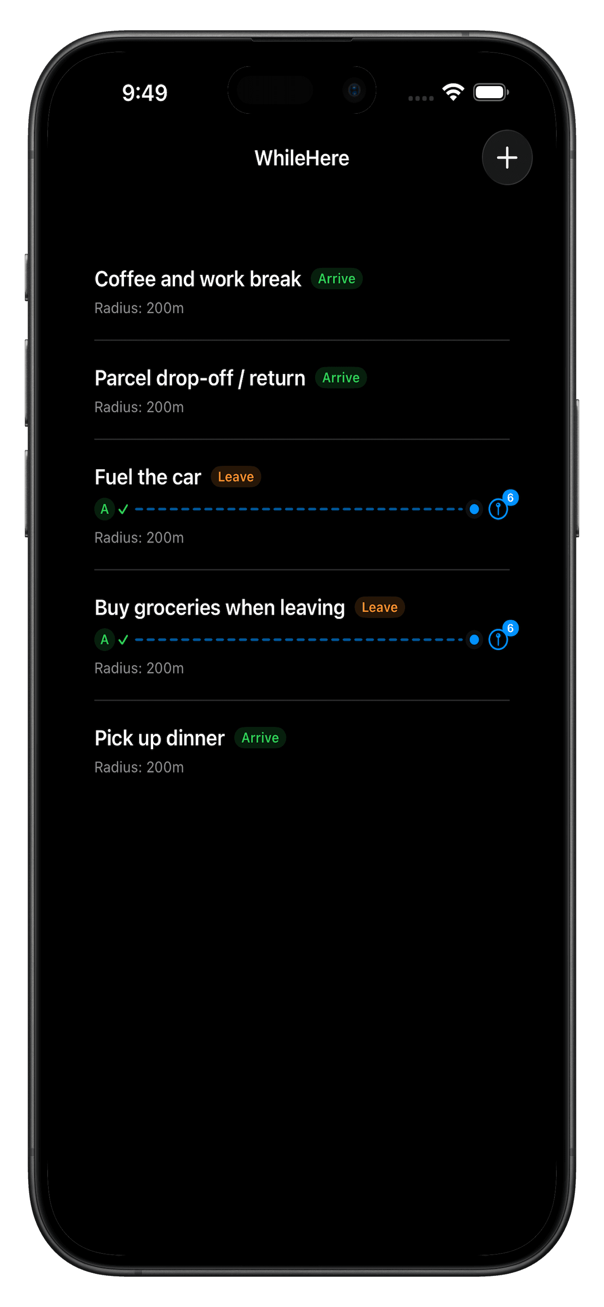 WhileHere task list showing a task with multiple saved locations, each with its own trigger indicator